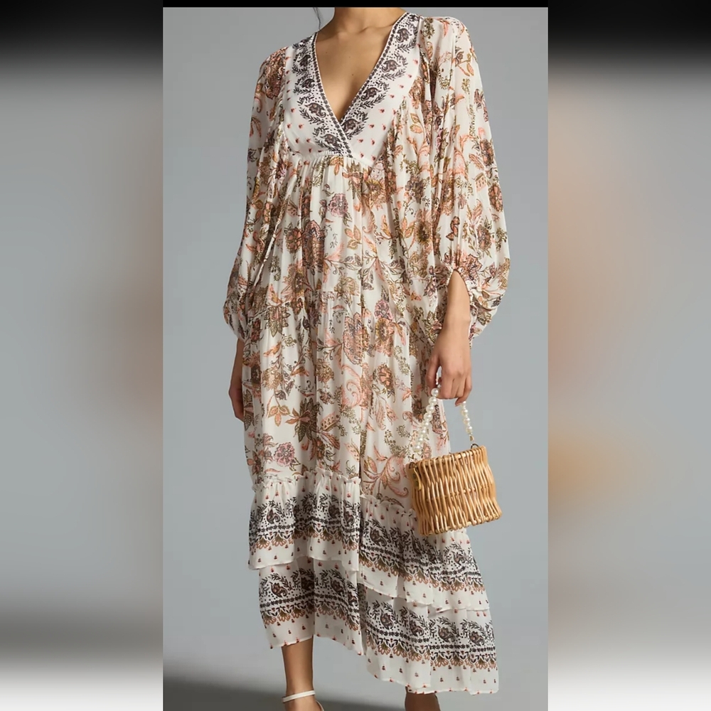Anthropologie Floral Boho Maxi Dress - Cream and Brown